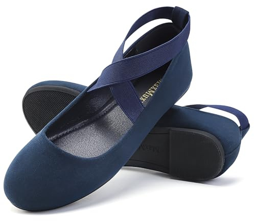 MaxMuxun Classic Ballerinas Women's Elegant Flat Shoes with Elastic Crossed Strap Comfortable Ballerina Shoes Women's Flat, navy blue, 4 UK