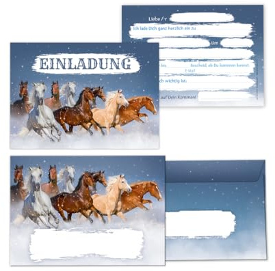 Minkocards 8 Einladungskarten incl. 8 Umschläge zum Kindergeburtstag Mädchen Pferd Pferde Einladungen zum Geburtstag Kinder Einladungsset