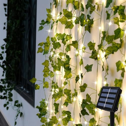 Guirlandes Lumineuse Solaire Extérieure, 7m 50 LED Lierre Artificiel Guirlande Lumineux Étanche, 8 Modes Guirlande Solaire Exterieur, Lierre Decoration pour Jardin Noël Mariage Cour Patio Fête