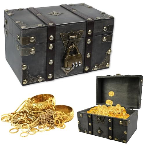 Votgutvo Vintage Holz Schatztruhe, Schatztruhe aus Kinder Holz, Klein Piraten Schatzkiste, Holz Aufbewahrung Schatzkiste mit Schloss für Aufbewahren und Dekorieren Geschenke - 18 x 11 x 10cm