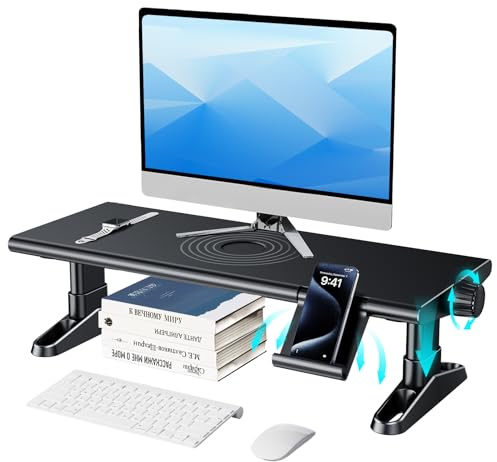 NIFBANG Monitorständer höhenverstellbar mit Knopfdruck – Ergonomische Monitor Erhöhung für Schreibtisch, stabiler Bildschirmständer mit Handyhalterung, Laptop Ständer, belastbar 23 kg(Schwarz)