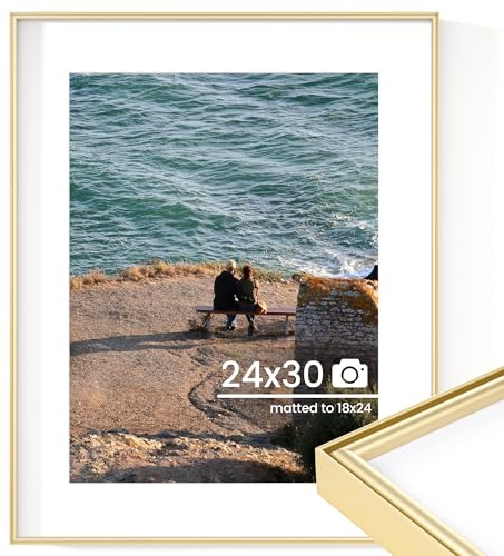 RICHFOCUS 24x30 Aluminum Frame | Metal Poster Frame with Mat for 18x24 Photo | 24x30 Picture Frames with Tempered Glass | Attached Hanging Hardware (Pack of 1, Gold)