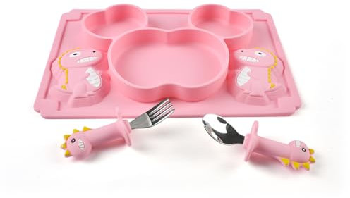 iZEL Kids Dinosaurier-Silikon-Fütterset für Kleinkinder, Saugnapf, Baby-Fütterutensilien-Set mit Löffel und Gabel, rutschfest, BPA-frei, Babyteller für Kinder und Kleinkinder (Rosa)