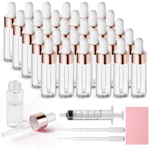 Nadisean 30 Stk Mini Pipettenflasche 5ml, Roségold Glasflasche mit Pipette | Transparente Flasche mit Pipette, Kleiner Probenfläschchen, Tropfflasche Glasflasche für Parfüm, Ätherisches Öl Massage