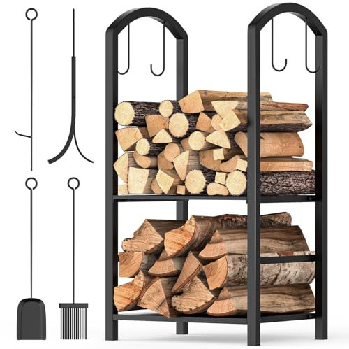 Kuro-sagol Étagère intérieure pour bois de cheminée avec 4 ustensiles de cheminée - Étagère en bois pour un rangement et une organisation faciles - Noir - 75 x 40 x 38 cm