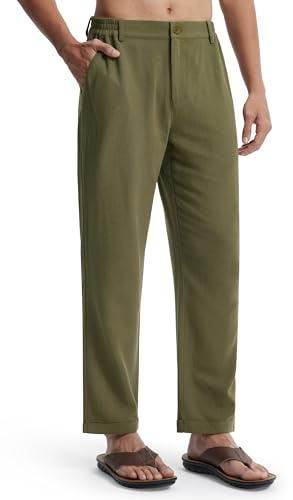 Libin Pantaloni da uomo in lino con elastico in vita, leggeri, casual, comodi, estivi, spiaggia, viaggi, lounge, con tasche, 05-verde militare, L