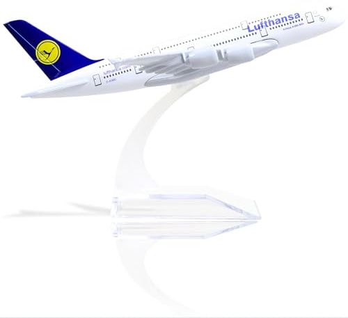 QIYUMOKE 1/400 A380 metallflygplansmodell för Lufthansa för Airbus A380 med stativ (15 cm lång), lämplig för flygentusiaster, som gåva eller utställningsdekoration