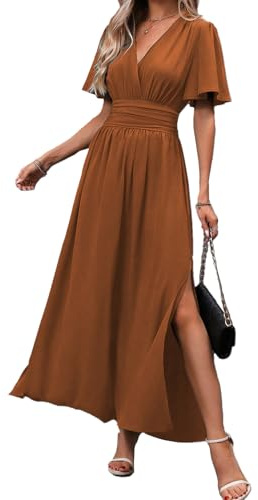 JENJON Femme Robe Longue Col V Elegant Manches Courtes d'été Taille Haute Plissée Elastique Casual Fente Maxi Robes