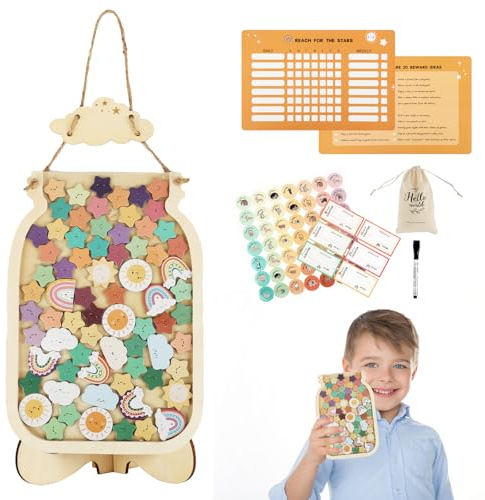 Belohnungsglas, Sternglas-Belohnungssystem für das Verhalten von Kindern, wiederverwendbares, magnetisches Belohnungsglas mit Stern-Spielsteinen, Belohnungstafel aus Holz zur Inspiration von gutem