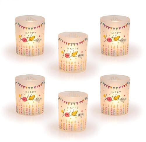 Romadedi Teelichthalter Glas 6er Set für Geburtstag Deko | Gläser mit Happy-Birthday-Motiv für Teelichter und Votivkerzen, für Geburtstagsparty, Tischdeko und kleine Geschenke