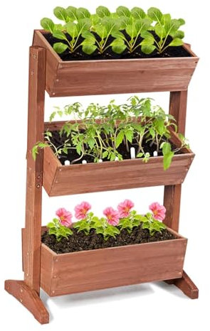 GOPLUS Hochbeet mit 3 Etagen, vertikales Blumenbeet aus Tannenholz, Blumentreppe mit 3 Blumentrögen & Ablauflöchern, Pflanzkästen Pflanzbeet für Garten, Balkon & Terrasse, 71 x 38 x 105 cm, Braun