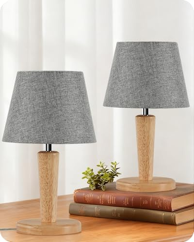 GOEBLESON Small Bedside Lamps Set of 2, Wood Bedside Table Lamp with Grey Linen Shade, 3 Color Temps, E27 LED Bulb Included, Cute Little Desk Lamp for Bedroom, Living Room, Window Sill ZMH13TLKP205
