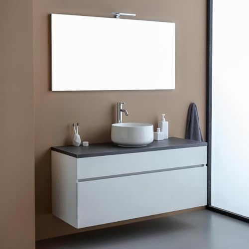 Kiamami Valentina Mobile Bagno Sospeso 120 Cm Bianco Legno Top Antracite | 1 cassetto con chiusura rallentata, specchio 120x60 cm incluso, pannelli nobilitato, lavabo non compreso