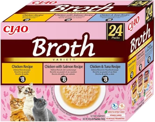INABA Ciao Broth Gatos - Receta Saludable de Caldo de Pollo, 3 Sabores Diferentes - Comida Húmeda con Tiras de Pollo, Salmón y Atún - Natural, sin Cereales - 960g (24 Sobres x 40g)