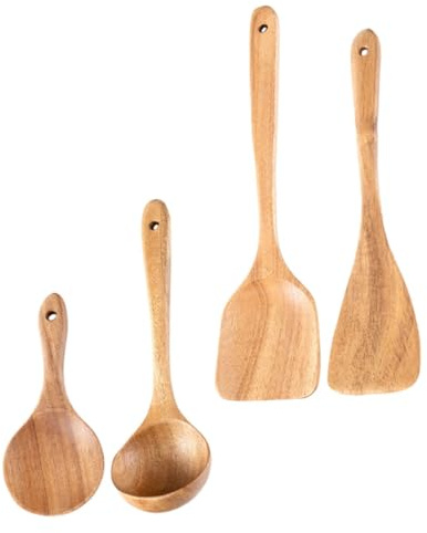 MOTHNUR Utensilios de Cocina de Madera Resistente al Calor con Mango Ergonómico Incluye Cuchara Sopera Espátula Curva y Cuchara de Arroz para Utensilios Antiadherentes Set para Uso Diario