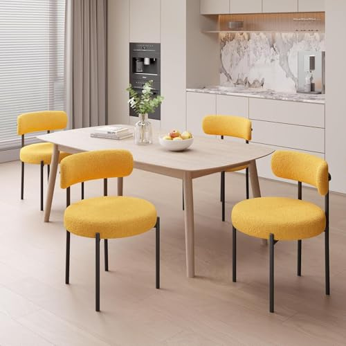 Hawthyhome Esszimmerstühle 4er Set Teddy Stoff Gepolstert Stuhl Gelb | Runde Boucle Esszimmerstuhl,Mid-Century Stühle Esszimmer mit Metallbeinen und Rückenlehne für Esszimmer,Wohnzimmer, Büro