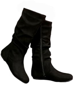 Bottes plates pour femme - Bottes souples - Bottes larges au genou - En daim - Fermeture éclair - Fond plat - Bottes moyennes - Bottes longues et larges - Chaussures d'hiver de cowgirl - Chaussures de