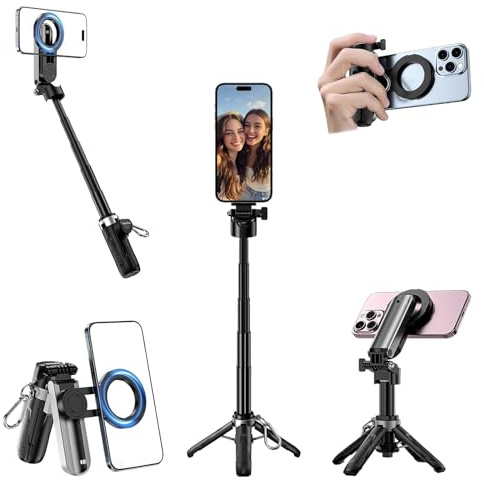 Selfie Stick Magnetisch 4-in-1 Mini Tragbarer, Selfiestick mit Stativ für iPhone 17/16/15/14 Samsung Smartphone, Selfie Stick mit Tripod Abnehmbarer Bluetooth Fernbedienung (Style 1)