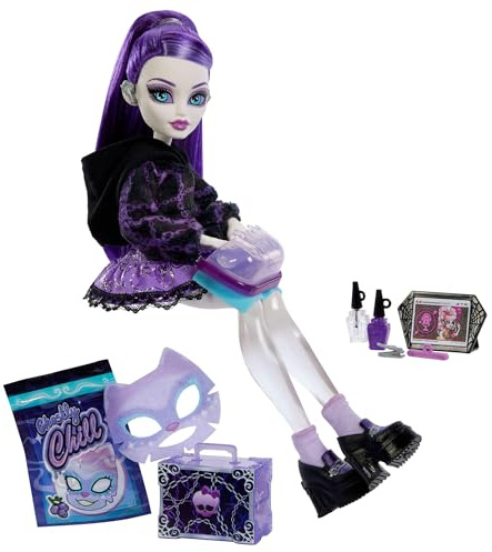 Monster High Self-Scare Secrets Spectra Vondergeist Puppe | Unboxing-Zubehörset mit 13 realistisch aussehenden Überraschungen wie Maniküreset, Schallplatte und Plattenspieler, JHK46