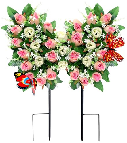 Lodou Butterfly-Shaped Cemetery Flowers for Grave – Realistic Memorial Floral Arrangement with Ground Spikes, Artificial Cemetery Flowers for Cemetery Decorations (Pink)