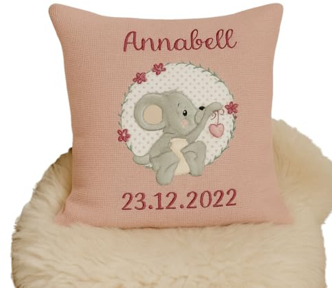 Generisch Almstübchen Personalisiertes Kissen Kinder mit Tiermotiv – Handgemacht – Namenskissen Baby aus 100% Baumwolle – Dekokissen Kinderzimmer – Geschenk zur Geburt Taufe – 40x40 cm
