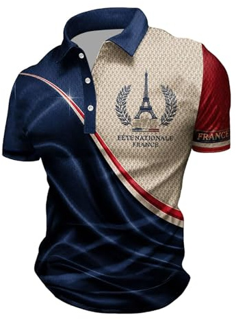Générique Polo Homme pour la Fête Nationale, Polo à Manches Courtes avec Tour Eiffel et Motif Tricolore, Confortable pour Le 14 Juillet et Les Sorties
