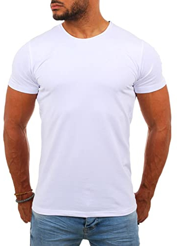 Young & Rich Herren Uni Basic T-Shirt mit Rundhals Ausschnitt einfarbig Stretch körperbetonte Dehnbare Passform 1701, Grösse:M, Farbe:Weiß