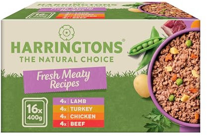 Harringtons Complete Wet Tray Grain Free Hypoallergenic Adult Dog Food Meaty Bumper Pack 16x400g - Chicken, Lamb, Beef & Turkey - Made with All Natural Ingredients (Package may vary)