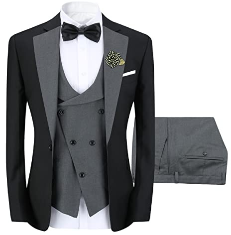 Sliktaa Mens 3 Pieces Suit One Button Slim Fit Formal Wedding Dinner Suit Blazer Waistcoat and Trousers Multicolour,Grey,L