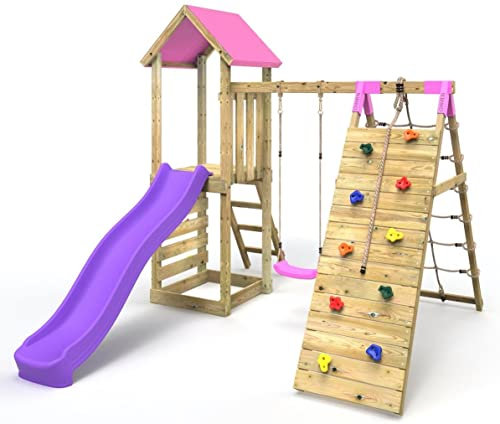 Rebo® Challenge Wooden Climbing Frame with Swings, Slide and Up and over Climbing wall - Bear Pink | OutdoorToys | Sturdy Wooden Construction, Pressure Treated Timber