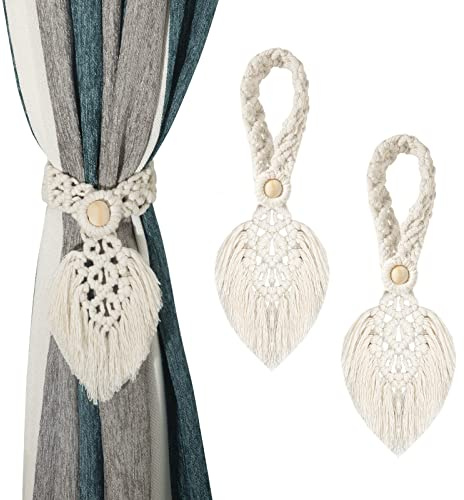 Raffhalter für Vorhänge Baumwollseil Gardinenhalter Boho Vorhang Raffhalter Gewebte Vorhangseil Gardinen Deko für Zuhause, Büro, Hotel 2 Stück (Beige)