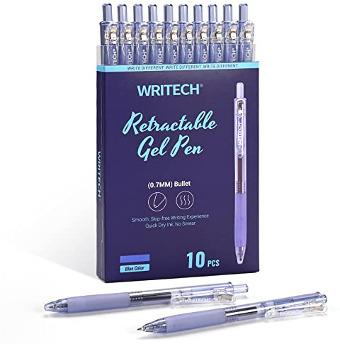 WRITECH Retractable Gel Ink Pens: 0.7mm Medium Point Blue-Ink Color Pen for Journaling Smooth Writing Fine Tip Quick-dry Ink No Bleed Set 10ct