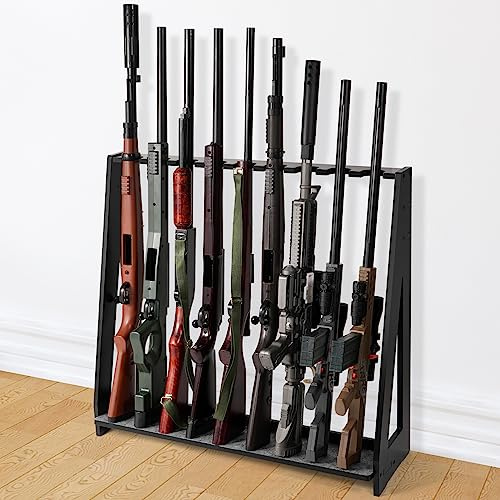 ikkle Gun Rack Freestanding Rifle Racks, Heavy Duty Wooden Shotgun Rack Indoor, Adjustable Rifle Storage with Soft Pads, Vertical Gun Display Stand, Holds 9 Long Guns
