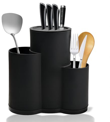 3 in 1 Universal Unbestückte Messerblock, Multifunktional Runder Messerblockhalter Aufbewahrung Ständer mit Utensilienhalter, Besteckhalter Abnehmbar für Alle Küchenmesser Geeignet (Schwarz)