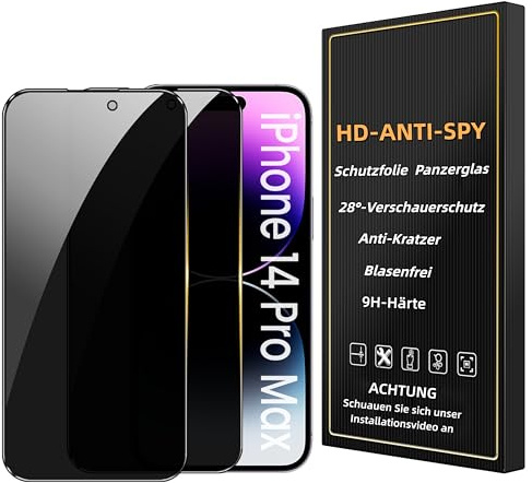 Romkasi Sichtschutz für iPhone 14 Pro Max 6,7 Zoll, Anti-Spy Panzer Schutz Glas Folie Schutzfolie, Einfache Installation Blasenfrei 9H Härte 2 Stück