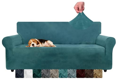 CHELZEN Velvet Couch Covers 3 Seater Thick Stretch Sofa Covers for Dogs Pets Non-Slip Sofa Slipcover Washable Furniture Protector for Living Room (3 Seater, Peacock Blue)