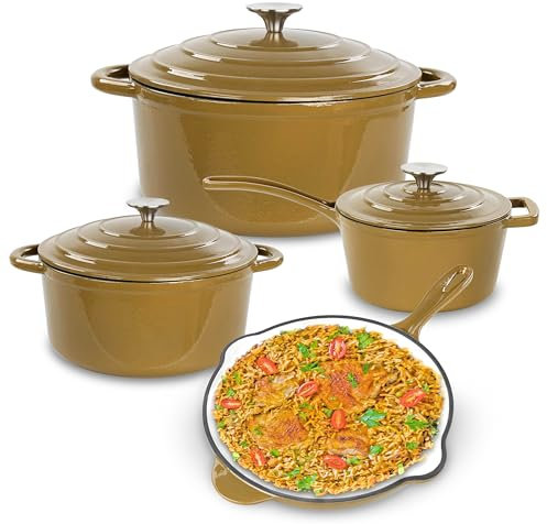 Lot45 Juego de utensilios de cocina de hierro fundido esmaltado, 7 piezas, sartén de hierro fundido con revestimiento de cerámica antiadherente, cacerola y horno holandés apto para estufa y horno para