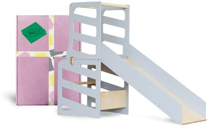 Weco Kinder-Lernturm 3 in 1 Streifendesign mit Rutsche Schreibtisch Rutsche Montessori Möbel Küchenhelfer klappbar (Grau)
