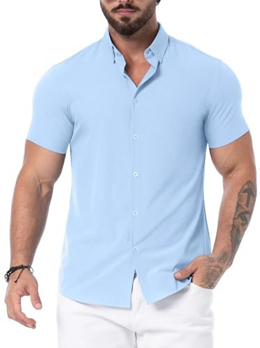 QIXING Men's Muscle Fit Shirts Wrinkle-Free Short Sleeve Casual Shirt Stretch Slim Button Down Shirt(Light Blue, XL)
