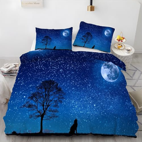 BettwäSche 220x240 Wolf Bettbezug mit 2 Kissenbezug 80x80 cm Weiche und Angenehme 120g Mikrofaser Bettwaren Sternenklarer Himmel Bettwäsche-Sets 3-Teilig mit Reißverschluss für EinzelbettDoppelbett