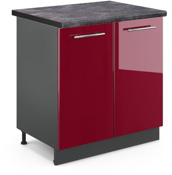 Vicco Spülenunterschrank Fame-Line, Bordeaux Hochglanz, 80 cm | MDF-Front · AP Anthrazit inkl. · Höhenverstellbare Füße · Metallgriffe · Soft-Close