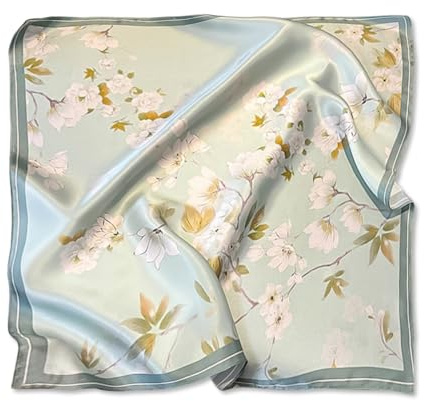 LumiSyne Sidenhalsdukar Kvinnor Liten Fyrkantig Sjalduk Färsk Romantisk Grön Serie Blomma Blad Tryckt Ljus Satin Huvudduk Halsduk Bandanas Hårband Huvudbonad 53 x 53 cm, Grön Magnolia, one size