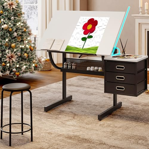 Art Table for Adults,Drafting Table, Adjustable Professional Art Drawing Table, Drawing Table with Stool and Tilting Tabletop, 3 Storage Drawers Craft Desk for Reading, Drawing, Office Use (Black)