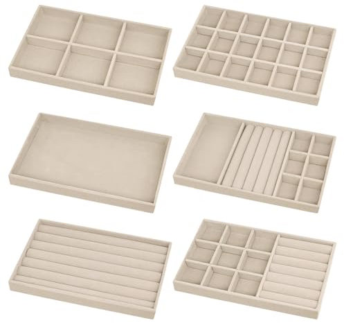 Yicaam 6 Stück Samt Schmucktablett, Stapelbar Schubladeneinsatz Schmuckschalen, Schmuckaufbewahrung Schublade, Samt Schmuck Organizer für Ring Ohrring Armreif Armband Halskette - Beige