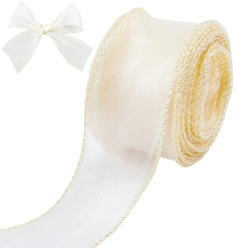 CRASPIRE 1-5/8 tum bred whie guld trådbundet rent band organza tyll presentband handgjord jul chiffong tyg 6,5 år för presentförpackning bröllop blomma bukett kransar jul hantverk hår rosett fest