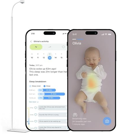 Luna Home Baby Eye Smart Monitor de bebé y Soporte de Suelo, Cero wearables, rastreador de Movimiento de respiración de sueño sin sensores, detección de llanto, visión Nocturna, Audio bidireccional,