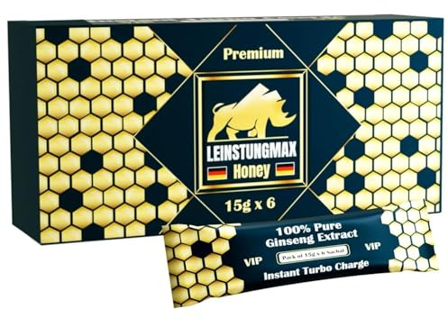 Leinstungmax Premium Honung – Honung berikad med ginseng, drottninggelé och vitamin B1 och B2 | 6 x 15 g | Omedelbar energi när du behöver den som mest | Optimal prestation för aktiva män