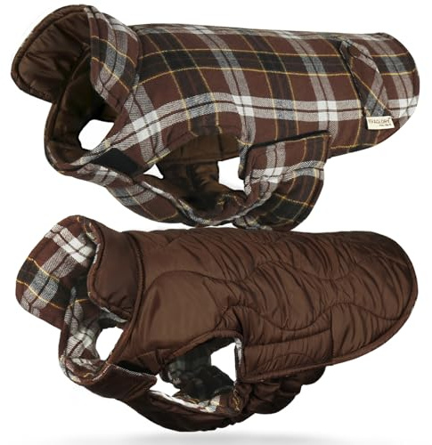 VIVAGLORY Softjoy Dog Coat, Coat & Jacket for Dog Winter & Christmas, Jacket with Harness Hole, Reversible Plaid Checkered Warm Fluffy Heavy Duty, XXS, Coffee