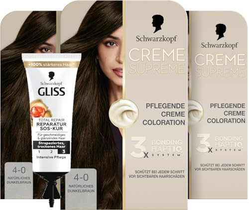 Schwarzkopf Creme Supreme Coloration 4-0 Natürliches Dunkelbraun (3x 182 ml), dauerhafte Haarfarbe mit Serum und Haar-Maske & SOS-Intensiv-Kur Total Repair (15 ml), Haarkur mit Keratin