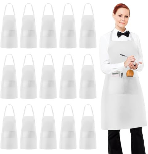 Behogan 15 Stück Kochschürze, Einstellbare Backen Schürze mit 2 Taschen, Unisex, Weiß, Polyester, 75 x 65 cm, Neckholder, für Küche, Restaurant, Basteln, Café